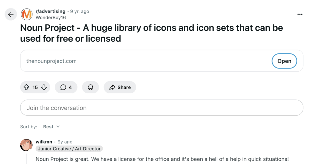 A reddit post in the advertising sub sharing Noun Project as a great source of free and licensed icons, with the the top comment on the post saying "Noun Project is great. We have a license for the office and it's been a hell of a help in quick situations!"